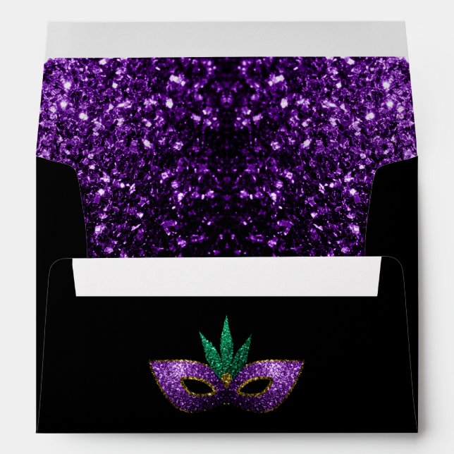 Mardi Gras Mask Purple Green Gold Sparkles black Envelopes (Back (Bottom))