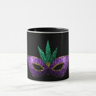 Mardi Gras Mask Purple Green Gold Sparkles black Mug