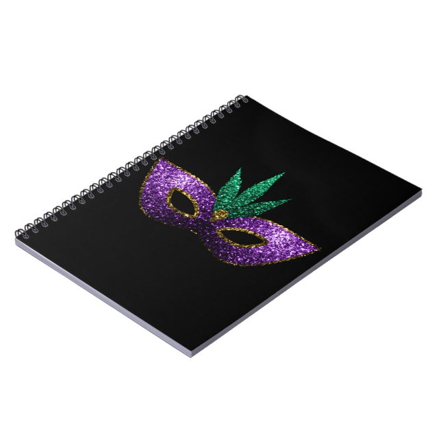 Mardi Gras Mask Purple Green Gold Sparkles black Notebook (Left Side)