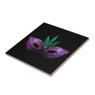 Mardi Gras Mask Purple Green Gold Sparkles Ceramic Tile