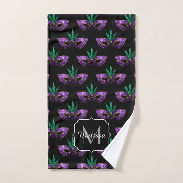 Mardi Gras Mask Purple Green Sparkles Monogram Bath Towel Set (Hand Towel)