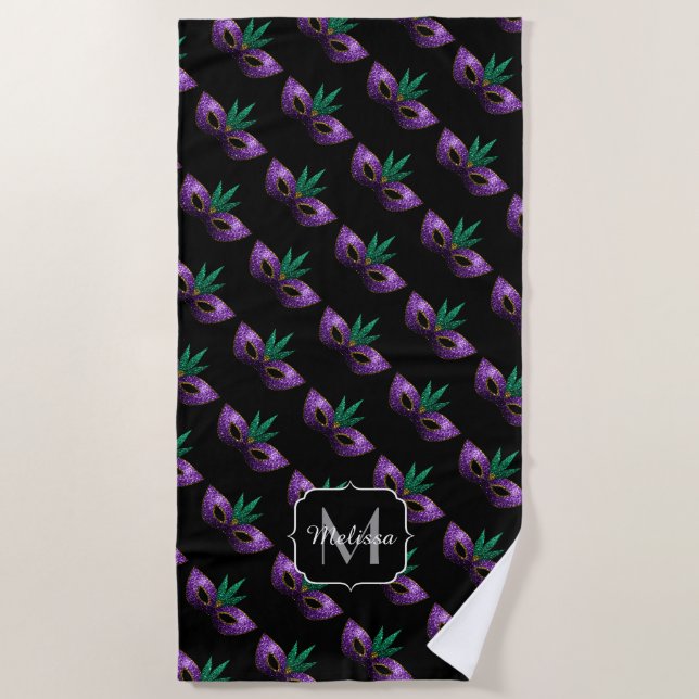 Mardi Gras Mask Purple Green Sparkles Monogram Beach Towel (Front)