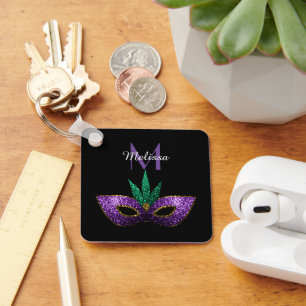Mardi Gras Mask Purple Green Sparkles Monogram Key Ring