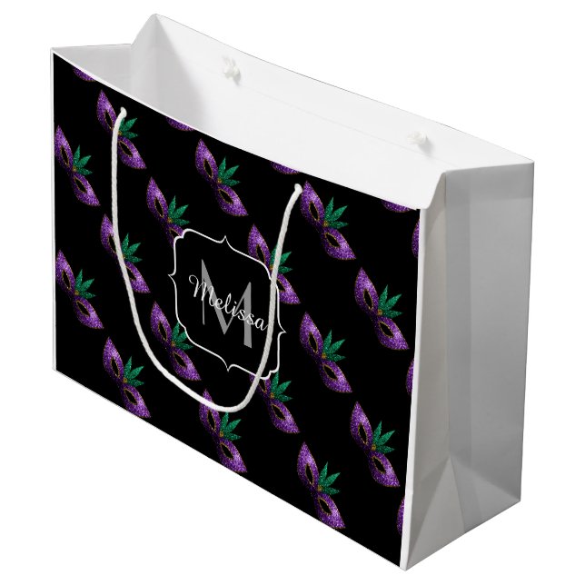Mardi Gras Mask Purple Green Sparkles Monogram Large Gift Bag (Front Angled)