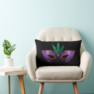 Mardi Gras Mask Purple Green Sparkles on black Lumbar Cushion