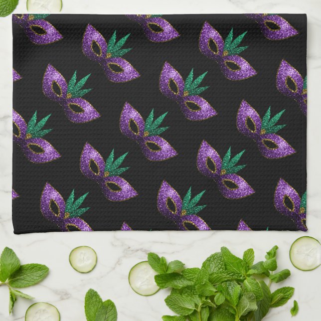 Mardi Gras Mask Purple Sparkles pattern black Tea Towel (Folded)