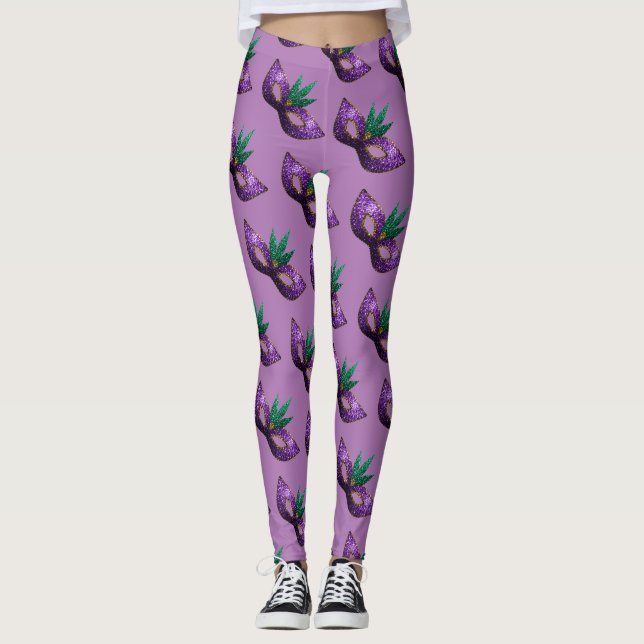Mardi Gras Mask Purple Sparkly pattern lavender Leggings (Front)