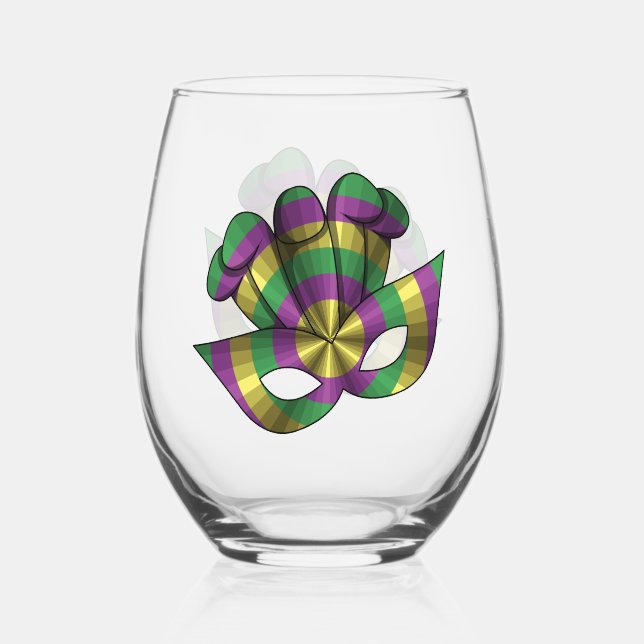 Mardi Gras Mask Stemless Wine Glass (Front)