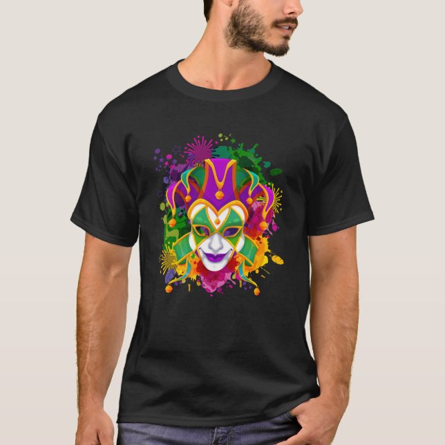 Mardi Gras Mask with Colour Splash Back drop  Mard T-Shirt (Front)