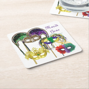 Mardi Gras Masks 1 Square Paper Coaster