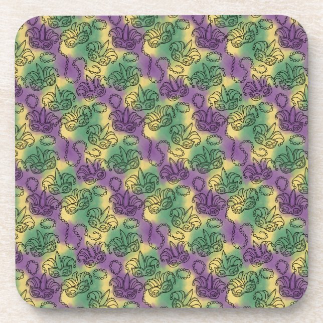 Mardi Gras Masks and Beads Doodle Art Style Coaster (Front)