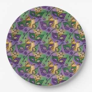 Mardi Gras Masks and Beads Purple Green Yellow Paper Plate