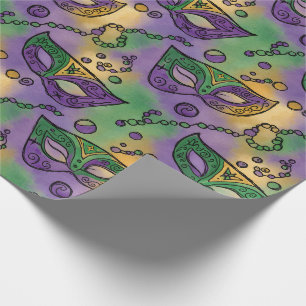 Mardi Gras Masks and Beads Purple Green Yellow Wrapping Paper