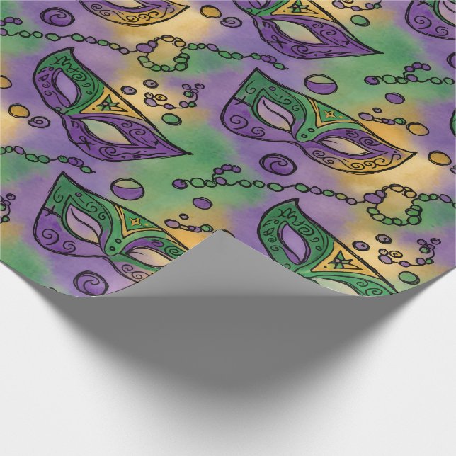 Mardi Gras Masks and Beads Purple Green Yellow Wrapping Paper (Corner)