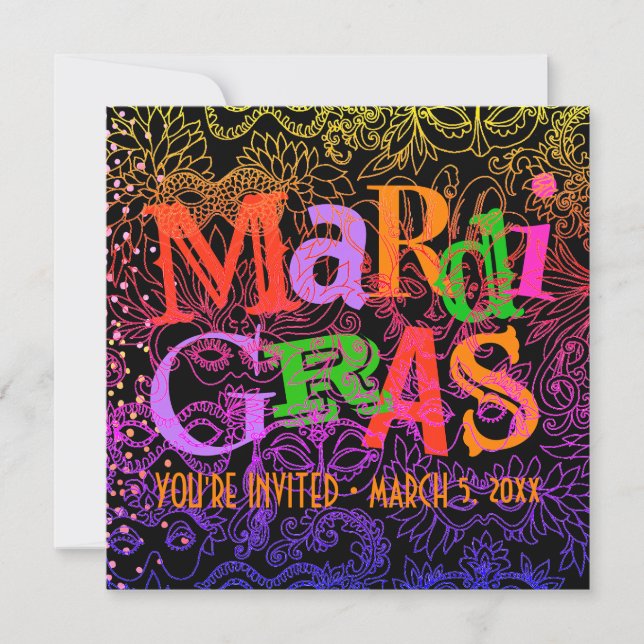 Mardi Gras Masks Colourful Typography Square Invitation (Front)