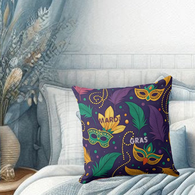 Mardi Gras Masks Feather Beads Gold Purple Green  Cushion (Mardi Gras Masks Feather Beads Gold Purple Green Throw Pillow)