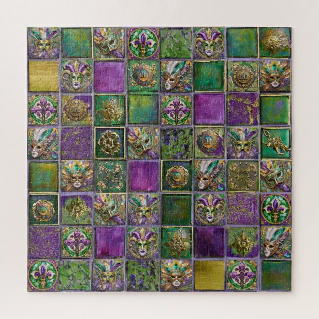 Mardi Gras Masks Feathers Fleur de lis Tile Print Jigsaw Puzzle (Vertical)
