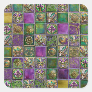 Mardi Gras Masks Feathers Fleur de lis Tile Print Square Sticker