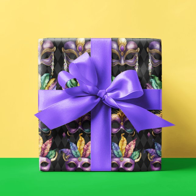 Mardi Gras Masks Green Purple Gold Yellow Wrapping Paper (Creator Uploaded)