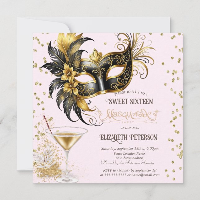 Mardi Gras Masque Diamonds Champagne Sweet 16   Invitation (Front)