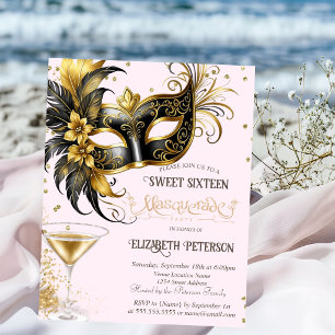 Mardi Gras Masque Diamonds Champagne Sweet 16 Invitation