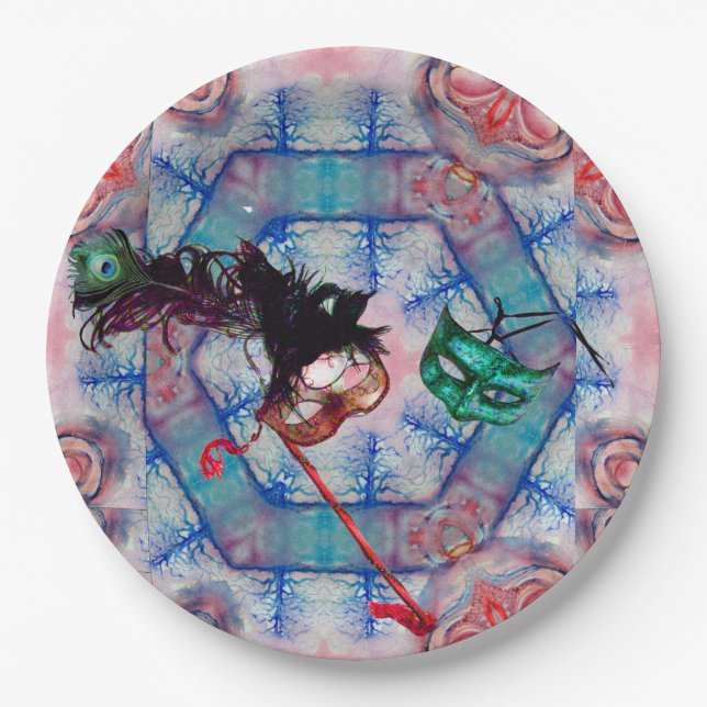 MARDI GRAS MASQUERADE BALL MASK blue pink purple   Paper Plate (Front)