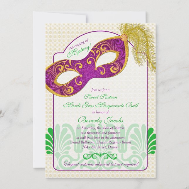 Mardi Gras Masquerade Ball Sweet 16 Birthday Invitation (Front)