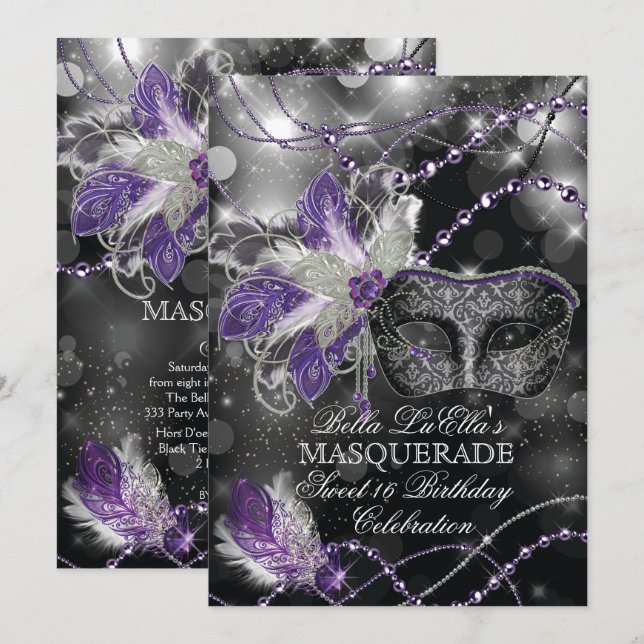 Mardi Gras Masquerade Birthday Party Invitation (Front/Back)