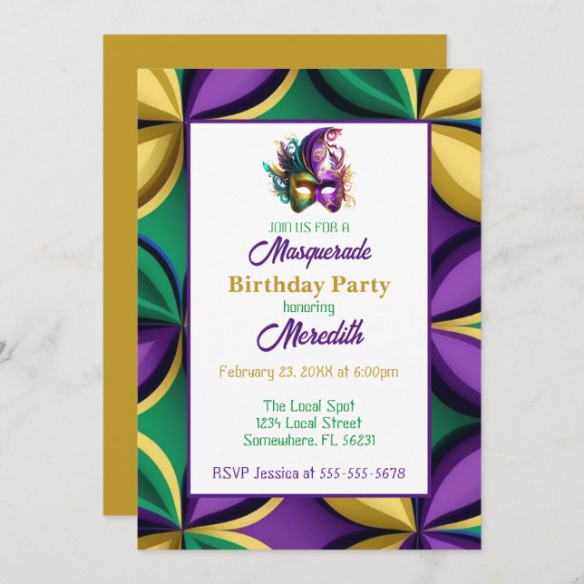Mardi Gras Masquerade Birthday Party Invitation (Front/Back)
