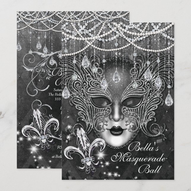 Mardi Gras Masquerade Birthday Party Invitations (Front/Back)