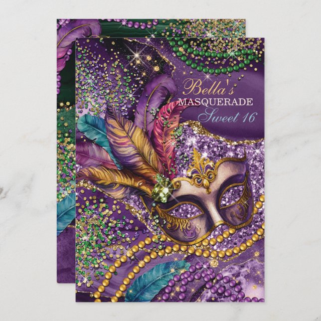 Mardi Gras Masquerade Birthday Party Invitations (Front/Back)