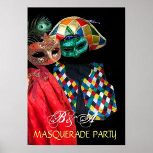 MARDI GRAS MASQUERADE ,HARLEQUIN COSTUME MONOGRAM POSTER