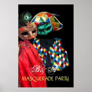 MARDI GRAS MASQUERADE ,HARLEQUIN COSTUME MONOGRAM POSTER