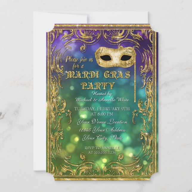 Mardi Gras Masquerade Mask Bokeh Gold Glitter Invitation (Front)