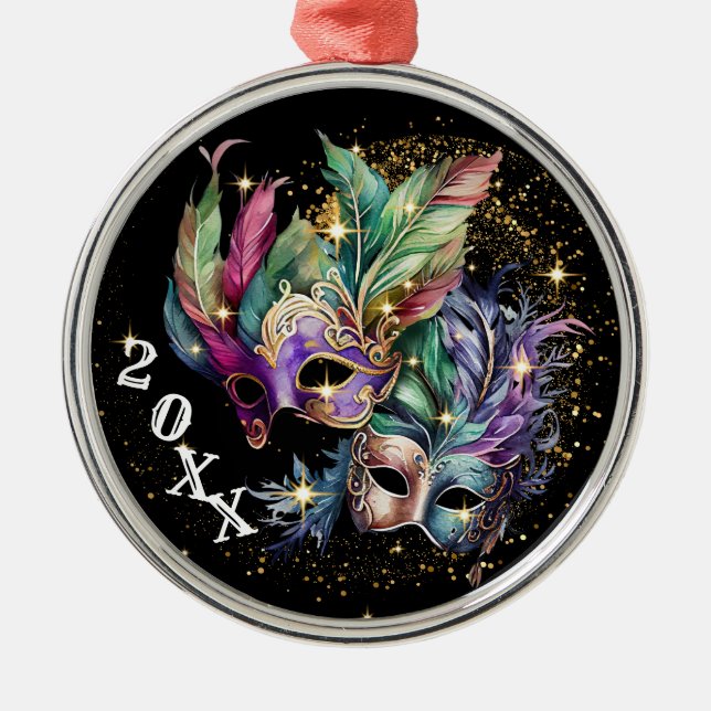 Mardi Gras Masquerade Mask Christmas Metal Ornament (Front)