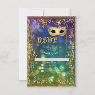 Mardi Gras Masquerade Mask Gold Glitter RSVP Card