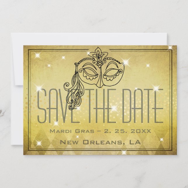 Mardi Gras Masquerade Mask Gold Save the Date Invitation (Front)