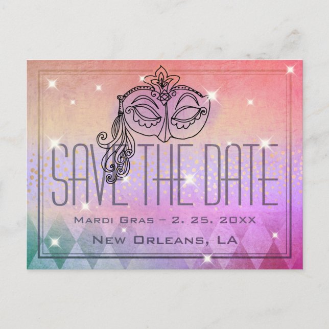 Mardi Gras Masquerade Mask Purple Save the Date Postcard (Front)
