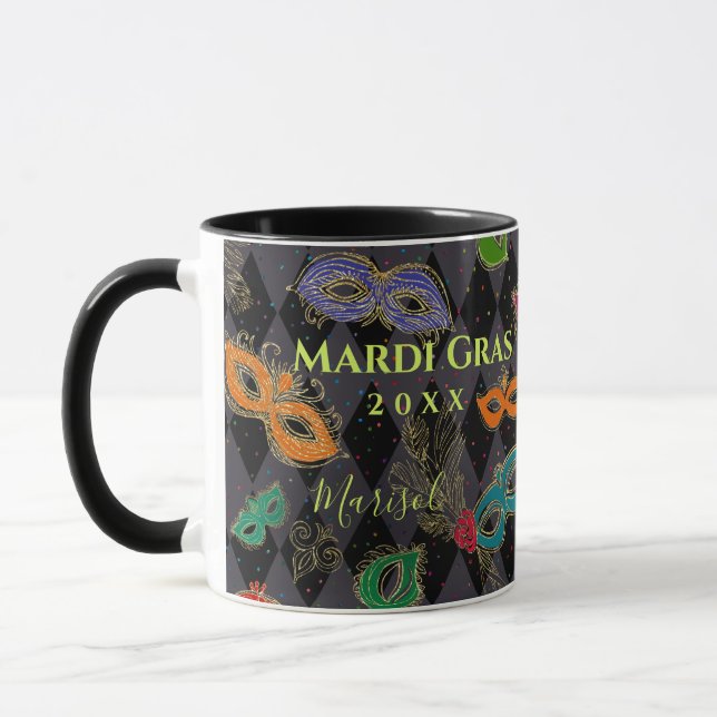 Mardi Gras Masquerade Masks Black Harlequin Name Mug (Left)