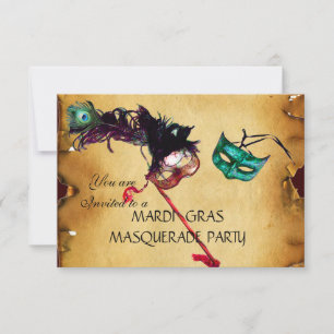 MARDI GRAS MASQUERADE PARTY, parchment rsvp Invitation