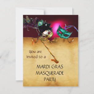 MARDI GRAS MASQUERADE PARTY, red burgundy Invitation