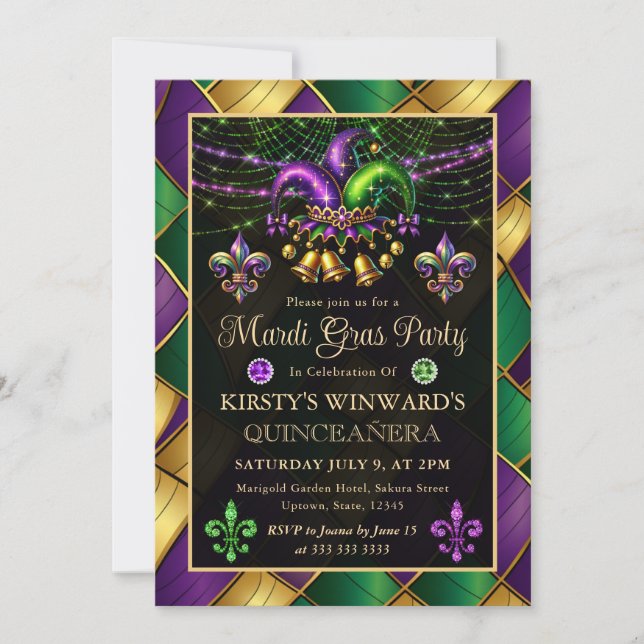 Mardi Gras Masquerade Quinceanera Invitation (Front)