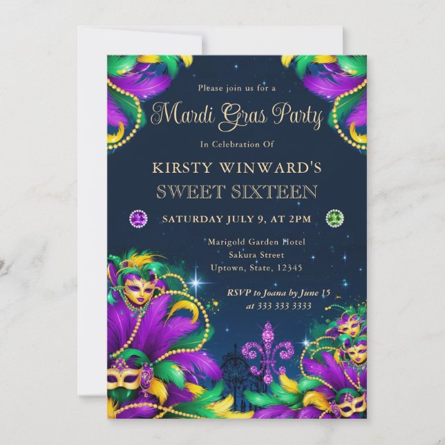 Mardi Gras Masquerade Sweet Sixteen Invitation (Front)