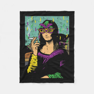 Mardi Gras Mona Lisa Smoking Weed Stoner Gift Fleece Blanket