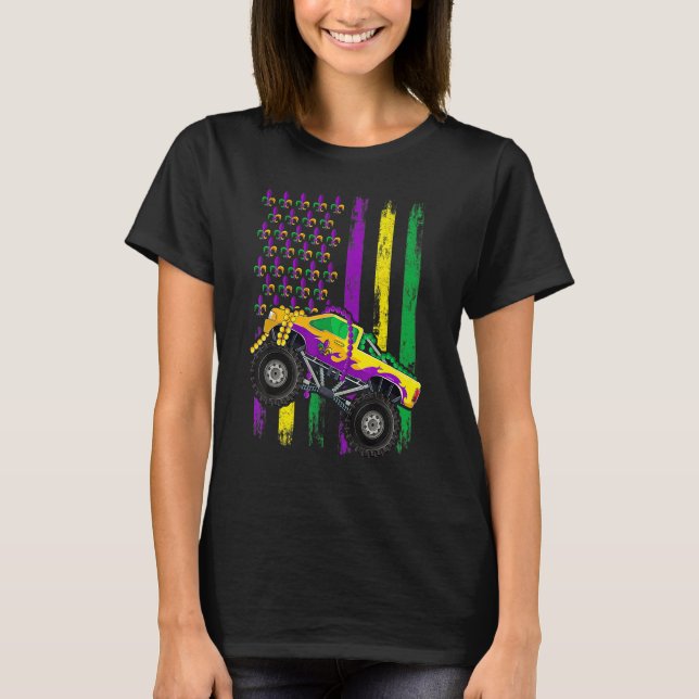 Mardi Gras Monster Truck Beads Flag Shirt, Kids Bo T-Shirt (Front)