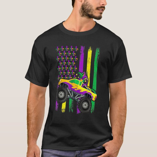 Mardi Gras Monster Truck Jester Beads Flag Shirt,  T-Shirt (Front)