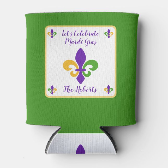 Mardi Gras NAME Green Gold Purple Fleur de Lis Can Cooler (Front)