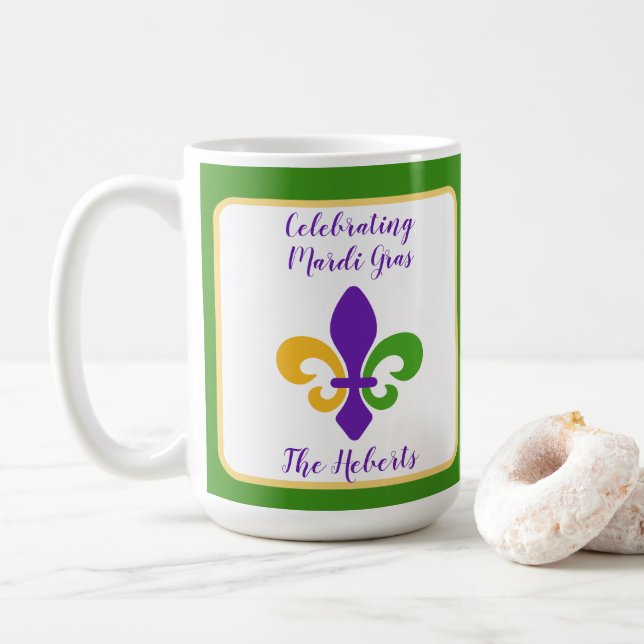 Mardi Gras NAME Green Gold Purple Fleur de Lis Coffee Mug (With Donut)