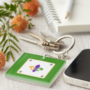 Mardi Gras NAME Green Gold Purple Fleur de Lis Key Ring