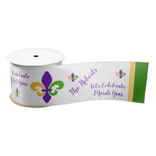Mardi Gras NAME Green Gold Purple Fleur de Lis Satin Ribbon